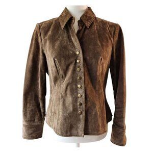 Vtg 90s Coldwater Creek Suede Leather Jacket PM Brown Snap Front Petite Medium